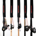 Five fishing rods with reels and lures secured upright, each protected by a black Net Buddy Neoprene Musky Rod Sleeve covering the top sections.