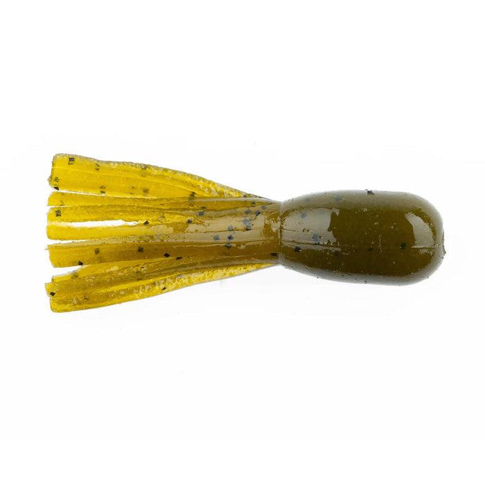 Close-up of a fishing lure with a segmented, soft body in olive green and yellow hues featuring small black flecks, identified as the NetBait BaitFuel Infused Finesse Tube used for fishing tackle.