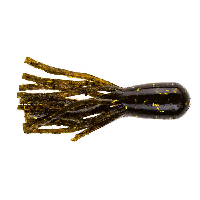NetBait BaitFuel Infused Finesse Tube fishing lure with a dark green body and flexible, slender tentacles speckled with yellow and purple flecks, designed for finesse fishing tackle.