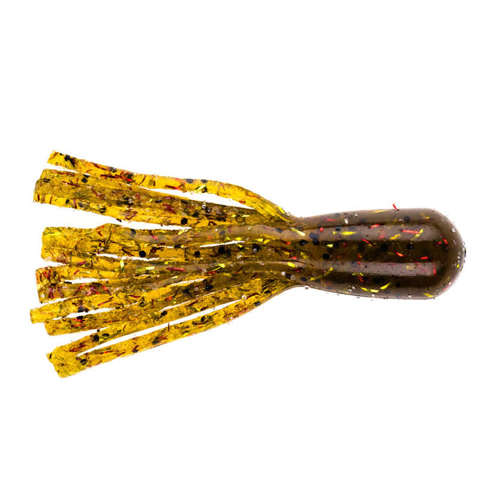 Close-up of a soft fishing lure with a segmented, skirt-like design in translucent yellow and dark brown with red and black flecks, representing the NetBait BaitFuel Infused Finesse Tube used for fishing tackle.