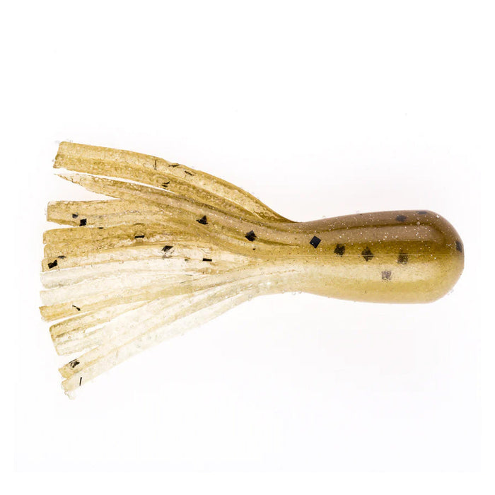 Soft plastic fishing lure in translucent tan color with black flecks, designed as a tube bait with multiple thin appendages, NetBait BaitFuel Infused Finesse Tube.