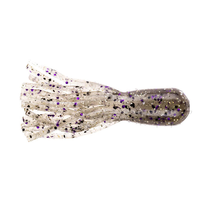 Close-up of a translucent fishing lure with black and purple flecks designed to mimic a small aquatic creature, identified as NetBait BaitFuel Infused Finesse Tube.