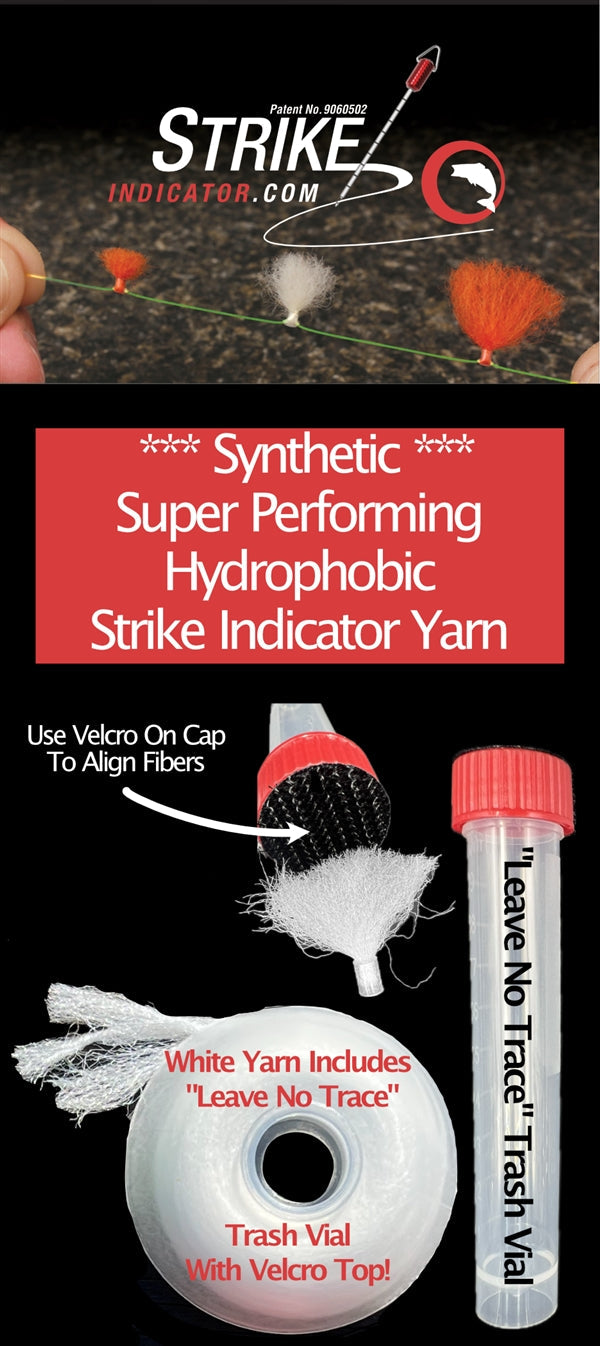 Close-up of New Zealand Strike Indicator Synthetic Yarn in white with a Velcro cap for fiber alignment, accompanied by a clear "Leave No Trace" trash vial with a red screw top, designed for fishing tackle use.