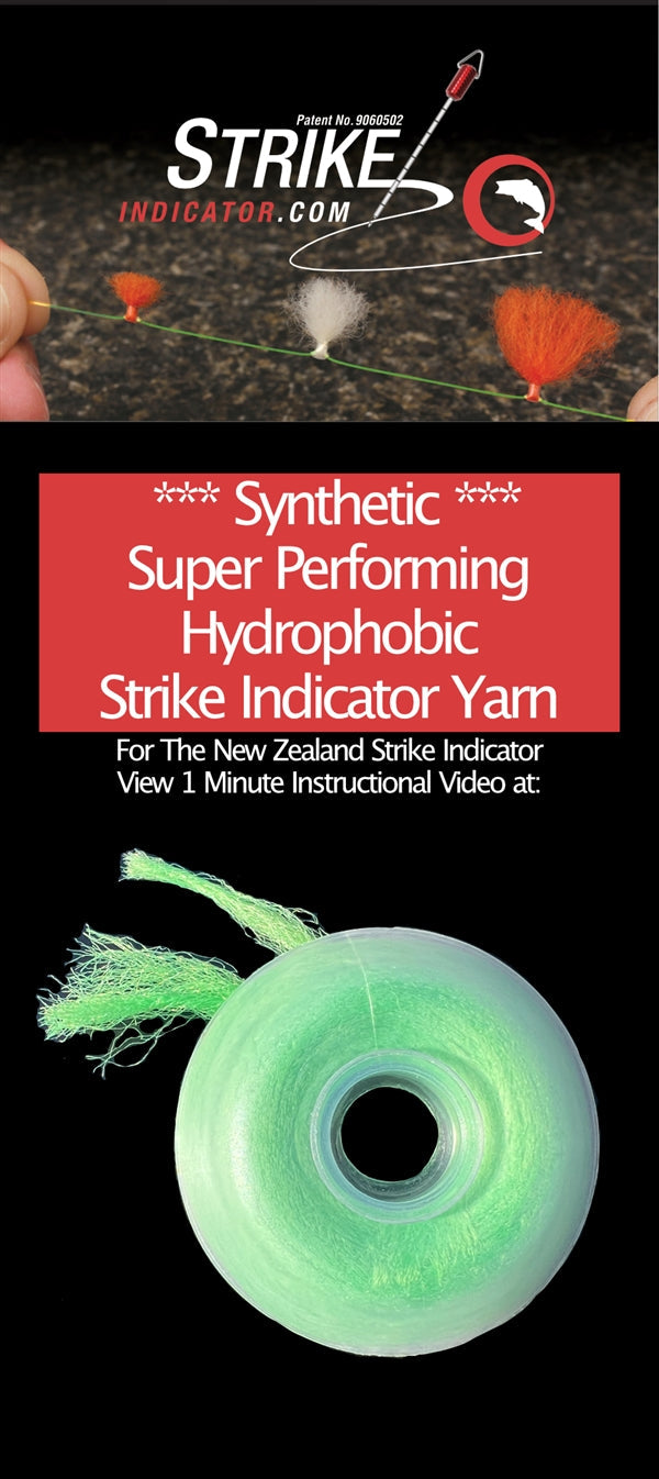 Close-up view of bright green spool of New Zealand Strike Indicator Synthetic Yarn, a hydrophobic, synthetic material designed for fishing tackle strike indicators.