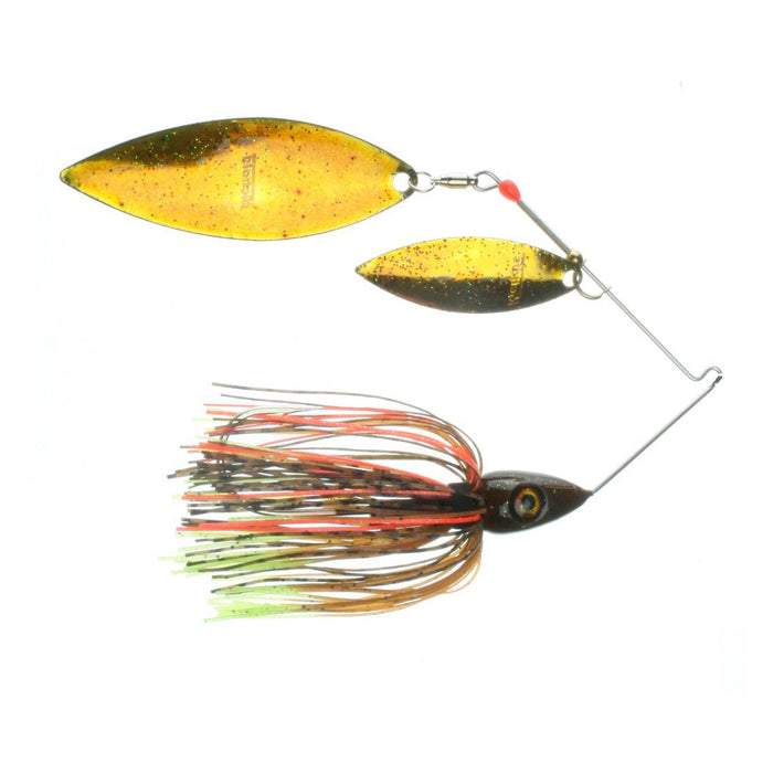 Nichols Lures Pulsator Depth Finder Spinnerbait featuring two gold and black reflective blades and a multi-colored skirt with red, green, and black strands, designed for fishing tackle.
