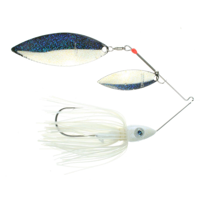 Nichols Lures Pulsator Depth Finder Spinnerbait with dual reflective blades in blue and white tones, a white skirted hook, and detailed eye design for fishing tackle use.