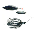 Nichols Lures Pulsator Depth Finder Spinnerbait featuring a black and blue glittered blade and skirt with a weighted hook designed for fishing tackle and musky fishing.