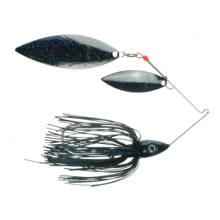 Nichols Lures Pulsator Depth Finder Spinnerbait featuring a black and blue glittered blade and skirt with a weighted hook designed for fishing tackle and musky fishing.