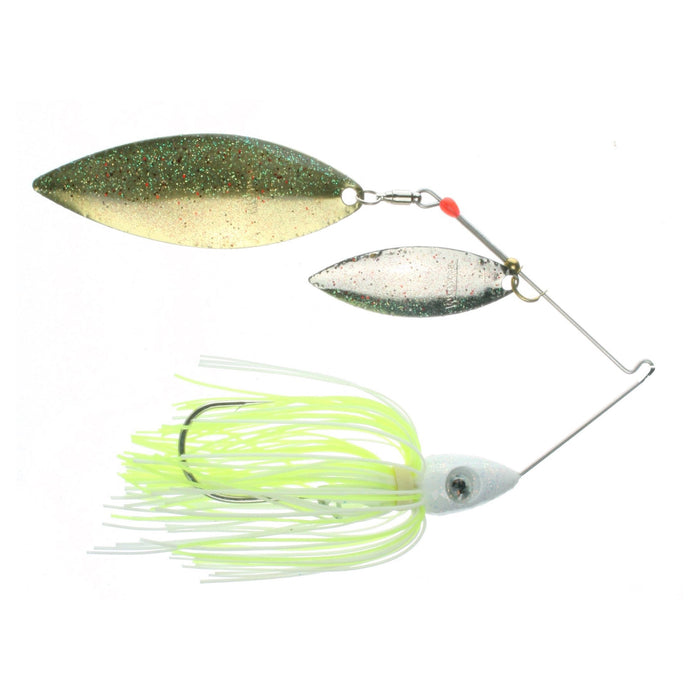 Nichols Lures Pulsator Depth Finder Spinnerbait with green and silver glitter blades, white and chartreuse skirt, designed for musky fishing tackle and enhanced water attraction.