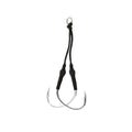Nichols Lures Spoon Stinger Hooks featuring two sharp silver hooks connected by black durable cord with a metal ring for secure attachment, designed for fishing tackle use.