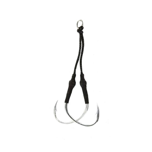 Nichols Lures Spoon Stinger Hooks featuring two sharp silver hooks connected by black durable cord with a metal ring for secure attachment, designed for fishing tackle use.