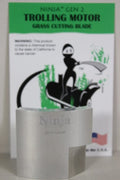 Ninja Grass Blade 2.0 PN:NJGB2, silver metal grass cutting blade designed for trolling motors, shown with packaging featuring a cartoon ninja cutting grass.