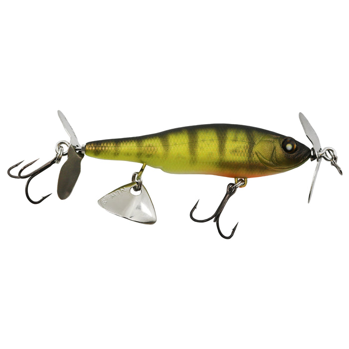 Nishine Lure Works Baby Abino 70S Spybait fishing lure in green and yellow perch pattern with two treble hooks and metal spinner blades for attracting fish.