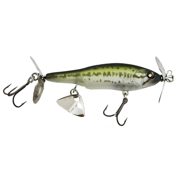 Nishine Lure Works Baby Abino 70S Spybait, a green and silver fishing lure with detailed fish pattern, featuring multiple hooks and two spinning metal blades for enhanced action.