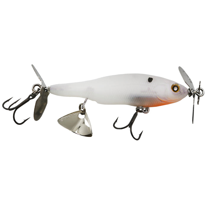 Nishine Lure Works Baby Abino 70S Spybait in pearl flash color with dual propellers, two treble hooks, and a silver spinner blade designed for effective fishing tackle use.