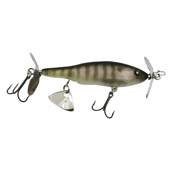 Nishine Lure Works Baby Abino 70S Spybait fishing lure with a greenish body, two treble hooks, and metal propellers for enhanced water movement and attraction.