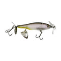 Nishine Lure Works Baby Abino 70S Spybait fishing lure featuring a lifelike ghost shad pattern, two treble hooks, and metal propellers for enhanced water movement.