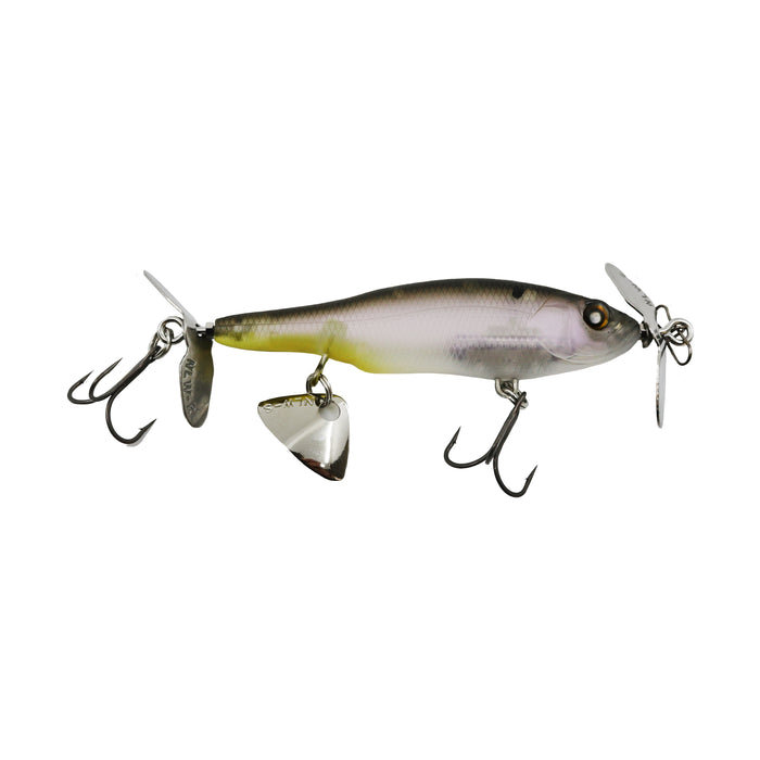 Nishine Lure Works Baby Abino 70S Spybait fishing lure featuring a lifelike ghost shad pattern, two treble hooks, and metal propellers for enhanced water movement.