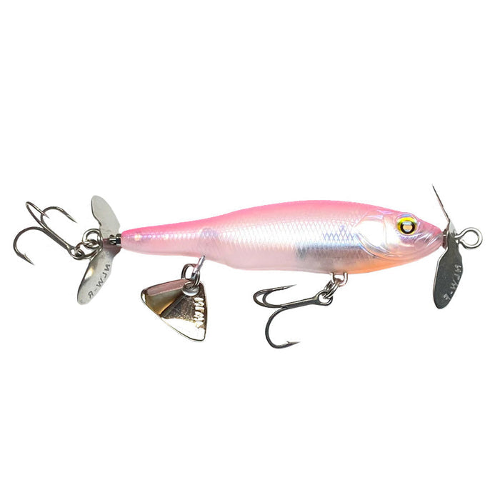 Nishine Lure Works Baby Abino 70S Spybait in light pink with a shiny finish, featuring two treble hooks and small metal propeller blades for fishing tackle use.