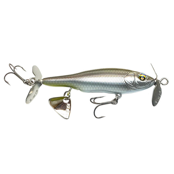 Nishine Lure Works Baby Abino 70S Spybait fishing lure with silver body, detailed scale pattern, lifelike eyes, and multiple treble hooks with spinning metal blades for enhanced attraction.