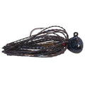 Nishine Lure Works Finesse Football Jig in dark color with blue flake accents, featuring a weighted jig head and multiple rubber skirt strands designed for fishing tackle.