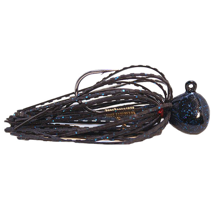 Nishine Lure Works Finesse Football Jig in dark color with blue flake accents, featuring a weighted jig head and multiple rubber skirt strands designed for fishing tackle.