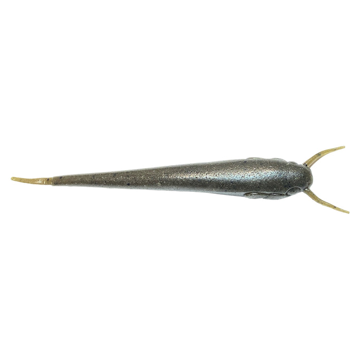 Nishine Lure Works Namazu Stick Worm fishing lure in a green pumpkin color with a slender body and two small appendages near the head, designed for musky fishing tackle.