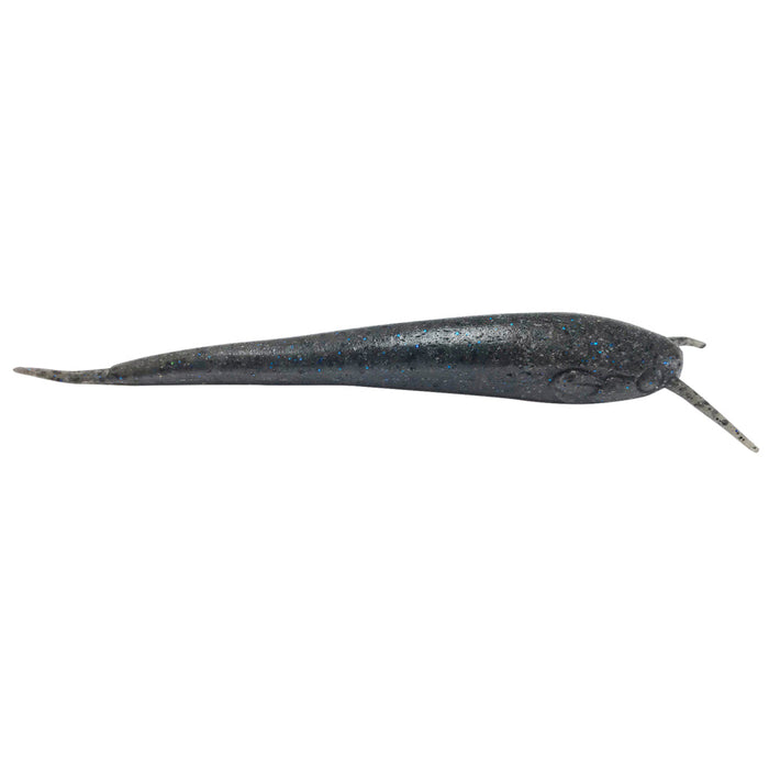 Nishine Lure Works Namazu Stick Worm fishing lure in dark color with subtle blue speckles, designed for freshwater fishing tackle targeting musky and other species.