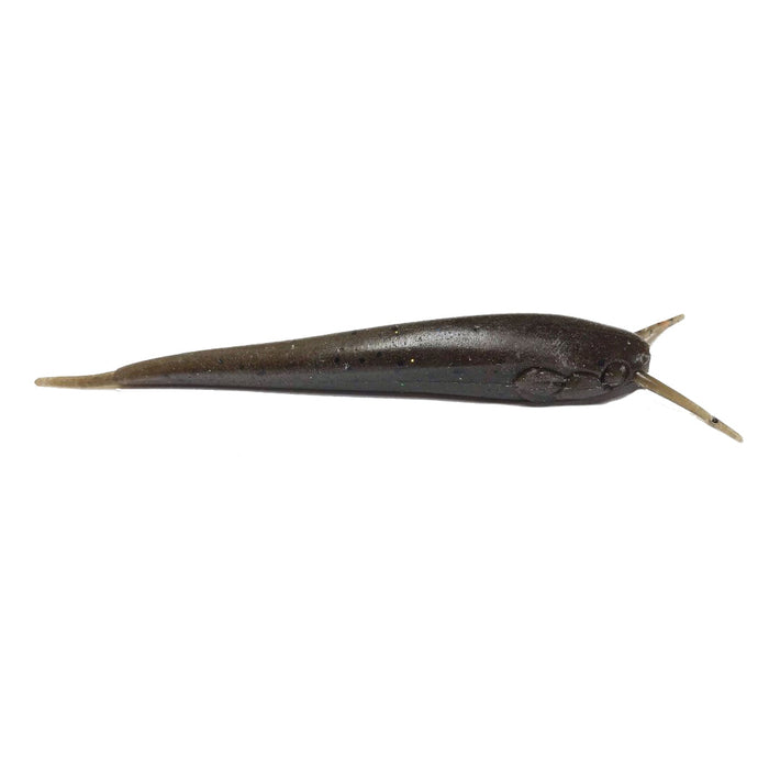 Nishine Lure Works Namazu Stick Worm fishing lure in dark natural colors with a slender, elongated body designed for musky fishing tackle.