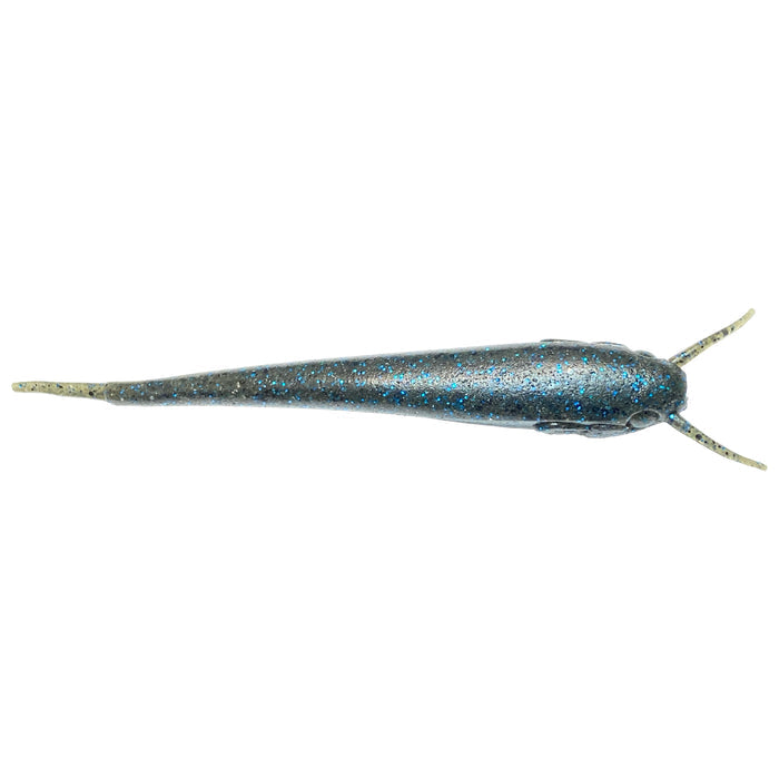 Nishine Lure Works Namazu Stick Worm fishing lure in black and blue flake, designed for use with fishing tackle targeting musky and other freshwater species.