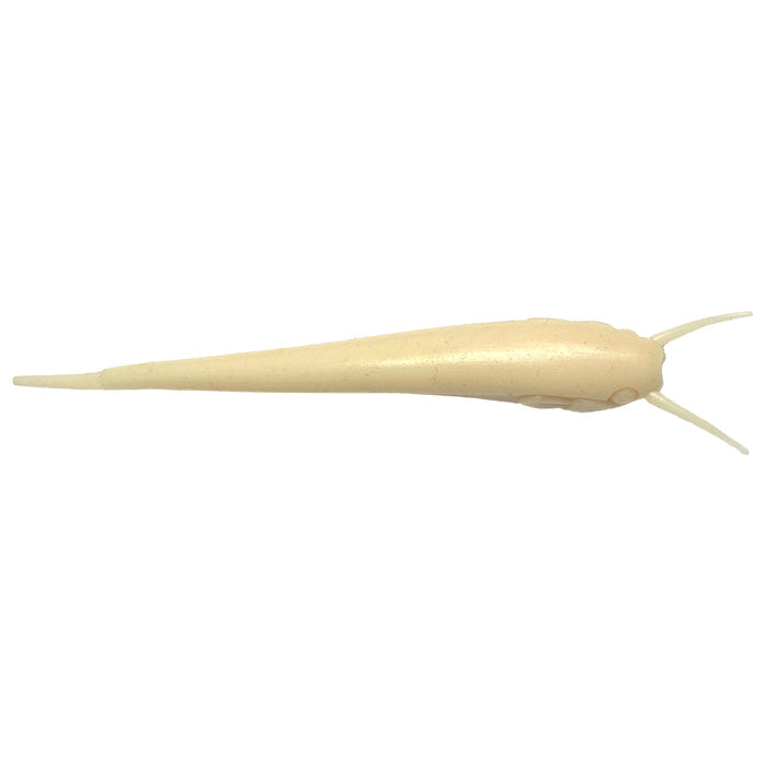 Nishine Lure Works Namazu Stick Worm fishing lure in light bone color with a tapered body and two thin tail appendages designed for attracting musky and other game fish.