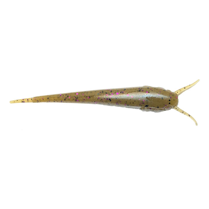 Nishine Lure Works Namazu Stick Worm fishing lure in translucent brown with purple flakes, designed to mimic a small aquatic creature for effective fishing tackle use.