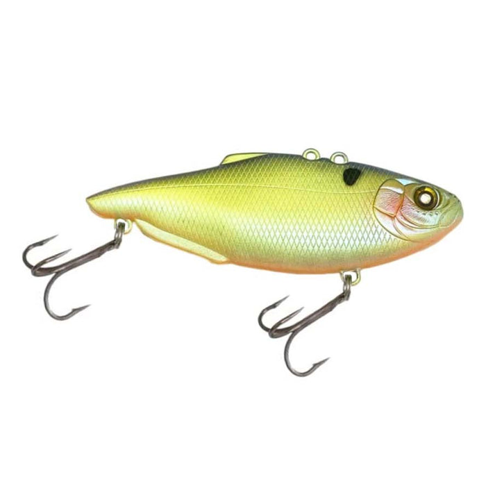 Nishine Lure Works Simcoe 75HW (Heavy Weight) Lipless Crankbait in realistic green and yellow fish pattern with two sharp treble hooks for fishing tackle.