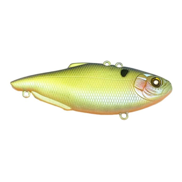 Nishine Lure Works Simcoe 75HW (Heavy Weight) Lipless Crankbait in yellow and gold with detailed scale texture, realistic fish eye, and multiple attachment points for fishing tackle.