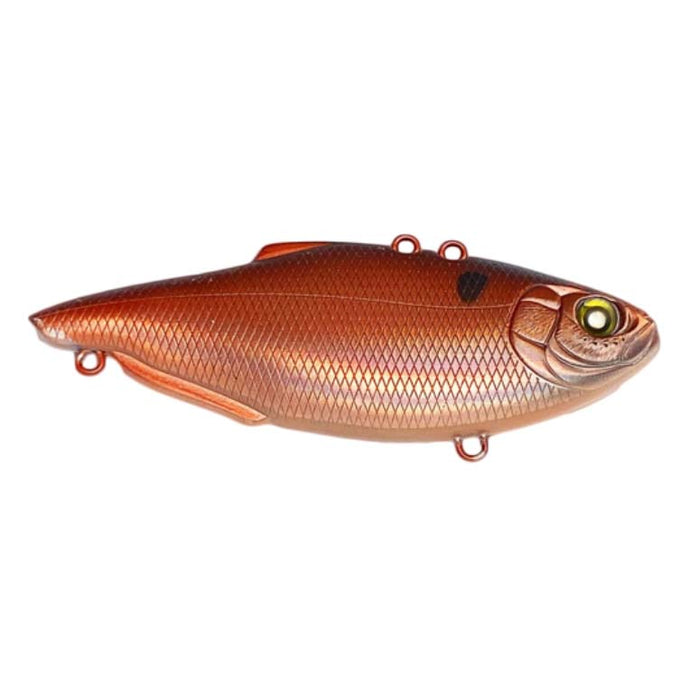 Nishine Lure Works Simcoe 75HW (Heavy Weight) Lipless Crankbait in metallic copper finish with detailed fish scale texture, lifelike eyes, and multiple attachment points for fishing tackle.
