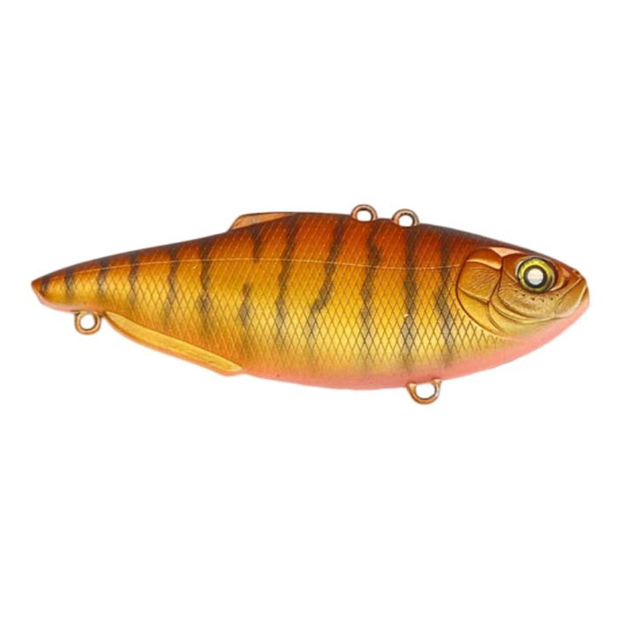 Nishine Lure Works Simcoe 75HW (Heavy Weight) Lipless Crankbait in orange and gold with black stripes, designed for fishing tackle to attract predatory fish.