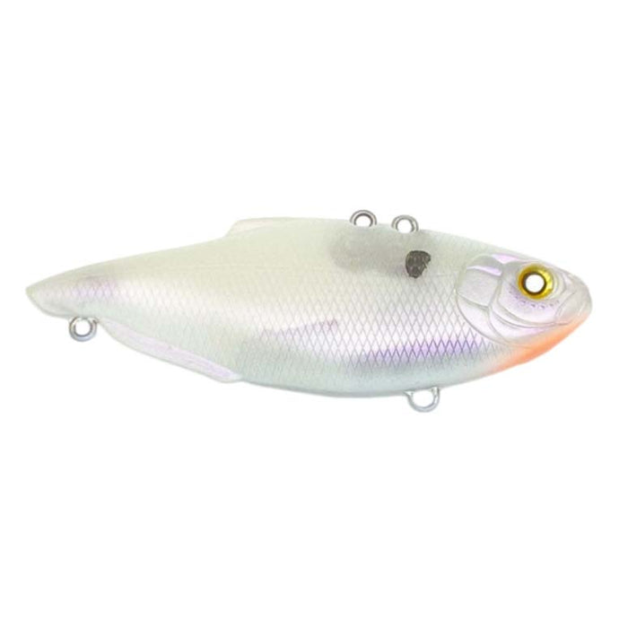 Nishine Lure Works Simcoe 75HW (Heavy Weight) Lipless Crankbait in pearlescent white with realistic fish scale texture, detailed eyes, and attachment points for fishing tackle use.
