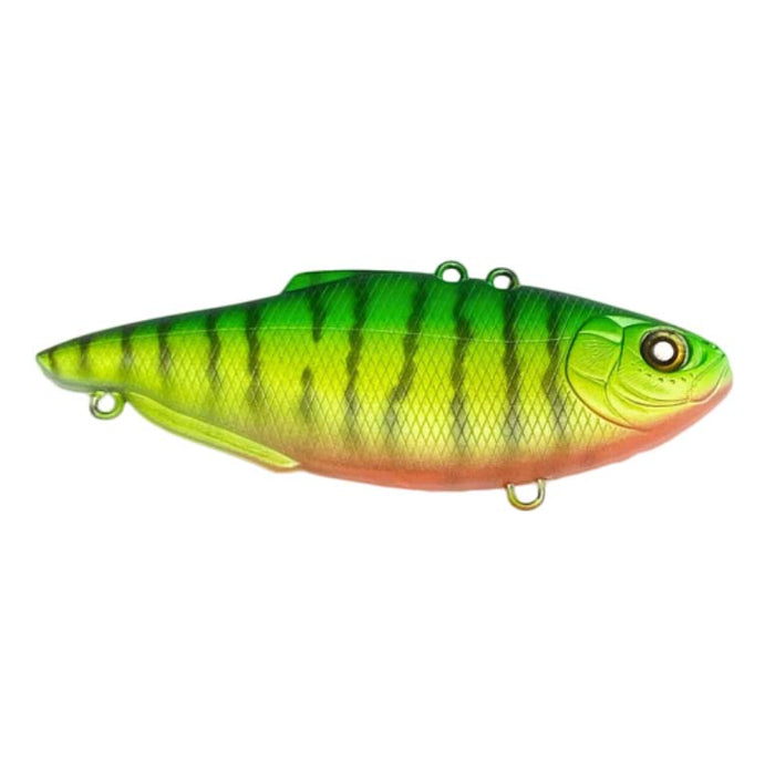 Nishine Lure Works Simcoe 75HW (Heavy Weight) Lipless Crankbait fishing lure in bright green and yellow with dark vertical stripes, designed for effective fishing tackle use.