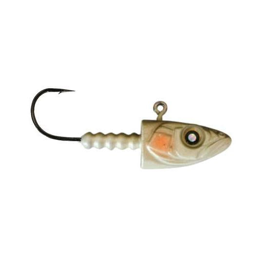 Nishine Lure Works Smelthead Swimbait Head featuring a realistic fish head design with detailed eyes and a textured white body, attached to a sharp single fishing hook.