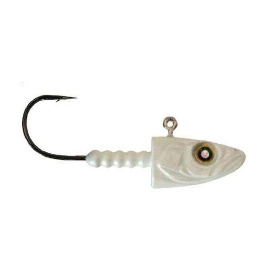 Nishine Lure Works Smelthead Swimbait Head in pearl white with realistic fish head design, detailed eye, and sharp hook, ideal for fishing tackle and lure setups.