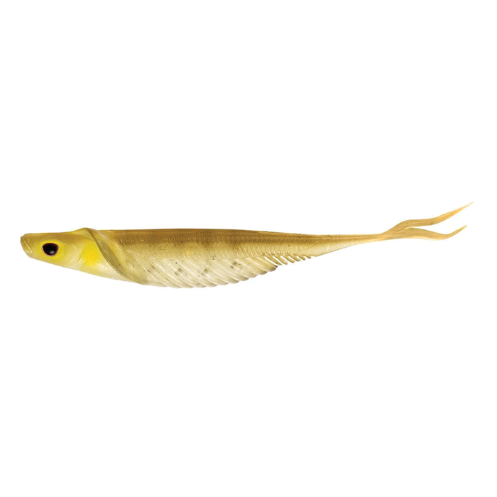 Nomad Design Cobra Shad fishing lure in natural yellow and brown tones with a soft, segmented body and forked tail, designed for effective fishing tackle use.