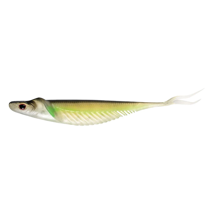 Nomad Design Cobra Shad fishing lure with a realistic fish shape in translucent green, yellow, and silver shades, featuring a twin-tail for lifelike water movement.