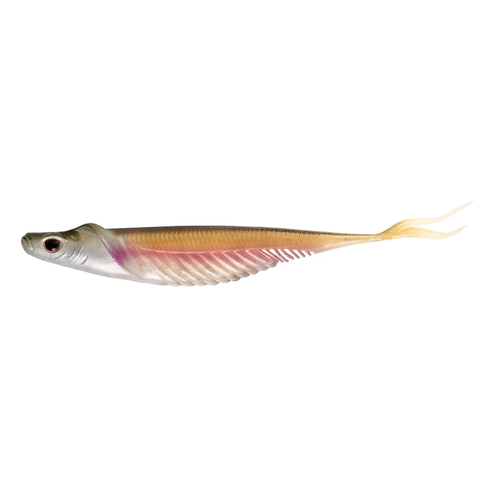 Nomad Design Cobra Shad soft fishing lure with a slender, translucent body featuring natural silver, gold, and pink hues, designed to imitate a small baitfish for effective fishing tackle.