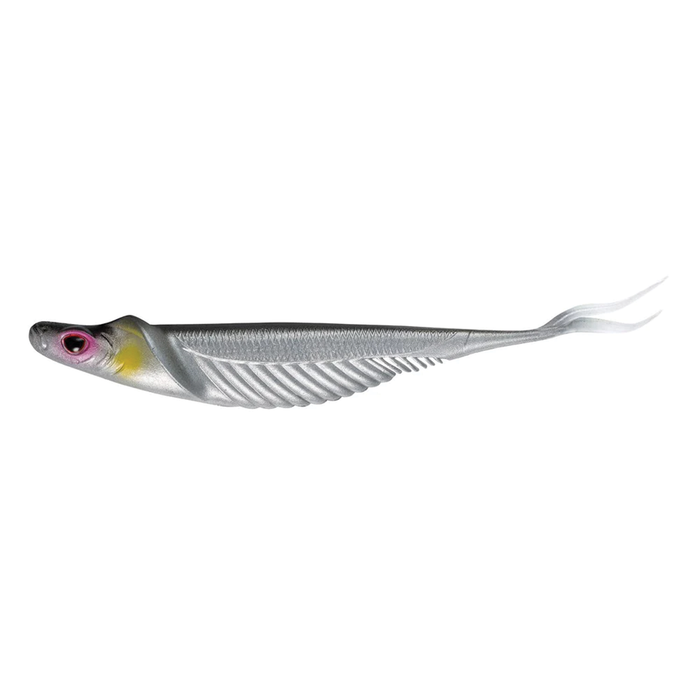 Nomad Design Cobra Shad fishing lure in silver with detailed texture, pink eye, and a slender, tapered tail designed for realistic movement in water.