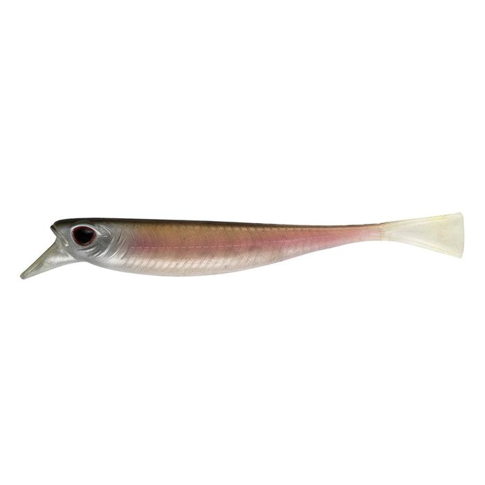 Nomad Design Delta Minnow fishing lure with a slender, realistic fish shape, silver and pink coloring, large black eye, and translucent paddle tail for lifelike movement in water.