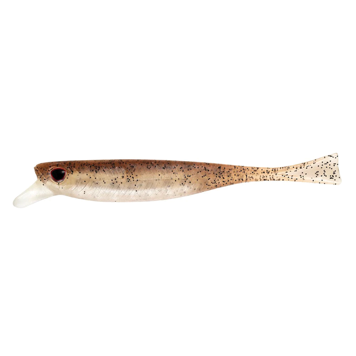 Nomad Design Delta Minnow soft fishing lure in translucent beige with black speckles and a paddle tail designed for realistic swimming action.