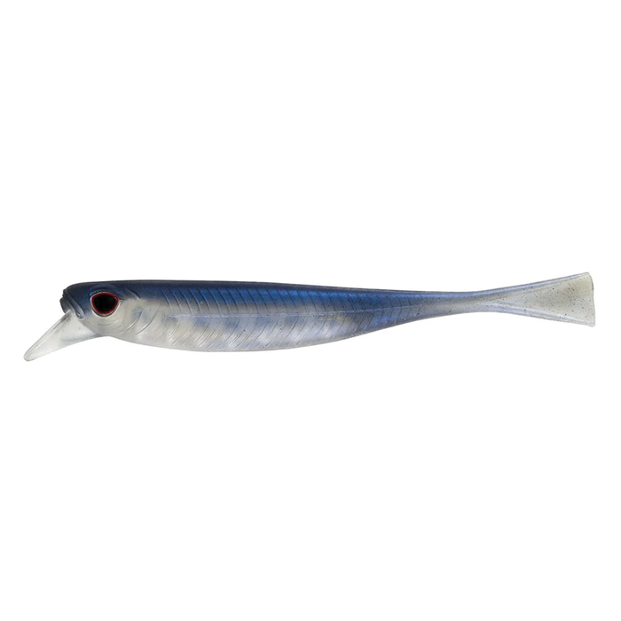 Nomad Design Delta Minnow fishing lure in translucent blue and gray with realistic fish scale texture, red eyes, and a paddle tail for lifelike movement in water.
