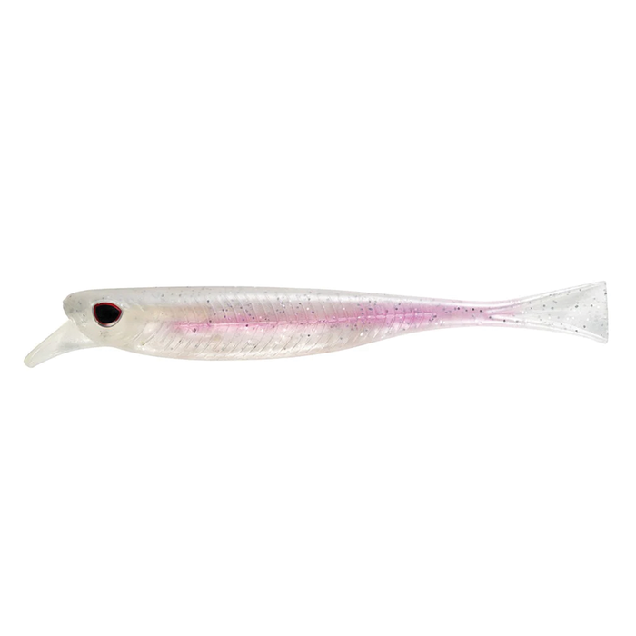 Nomad Design Delta Minnow soft fishing lure in translucent white with pink stripe and black speckles, designed to mimic a small baitfish for effective fishing tackle use.