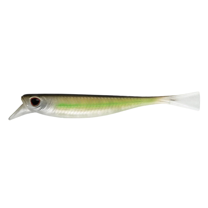 Nomad Design Delta Minnow soft fishing lure with translucent body, green stripe, realistic eye, and paddle tail designed for effective fishing tackle use.
