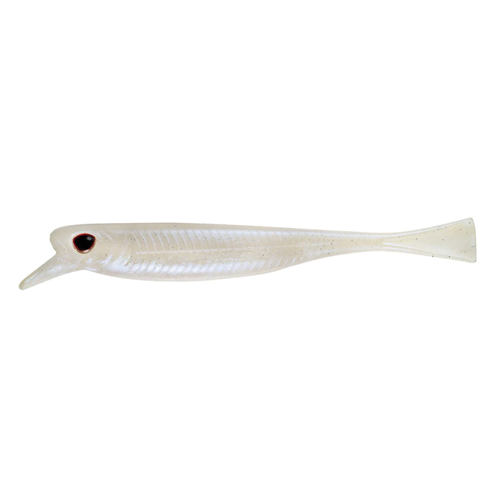 Nomad Design Delta Minnow fishing lure in translucent pearl color with black and red eye detail, designed to mimic a small fish for effective fishing tackle use.